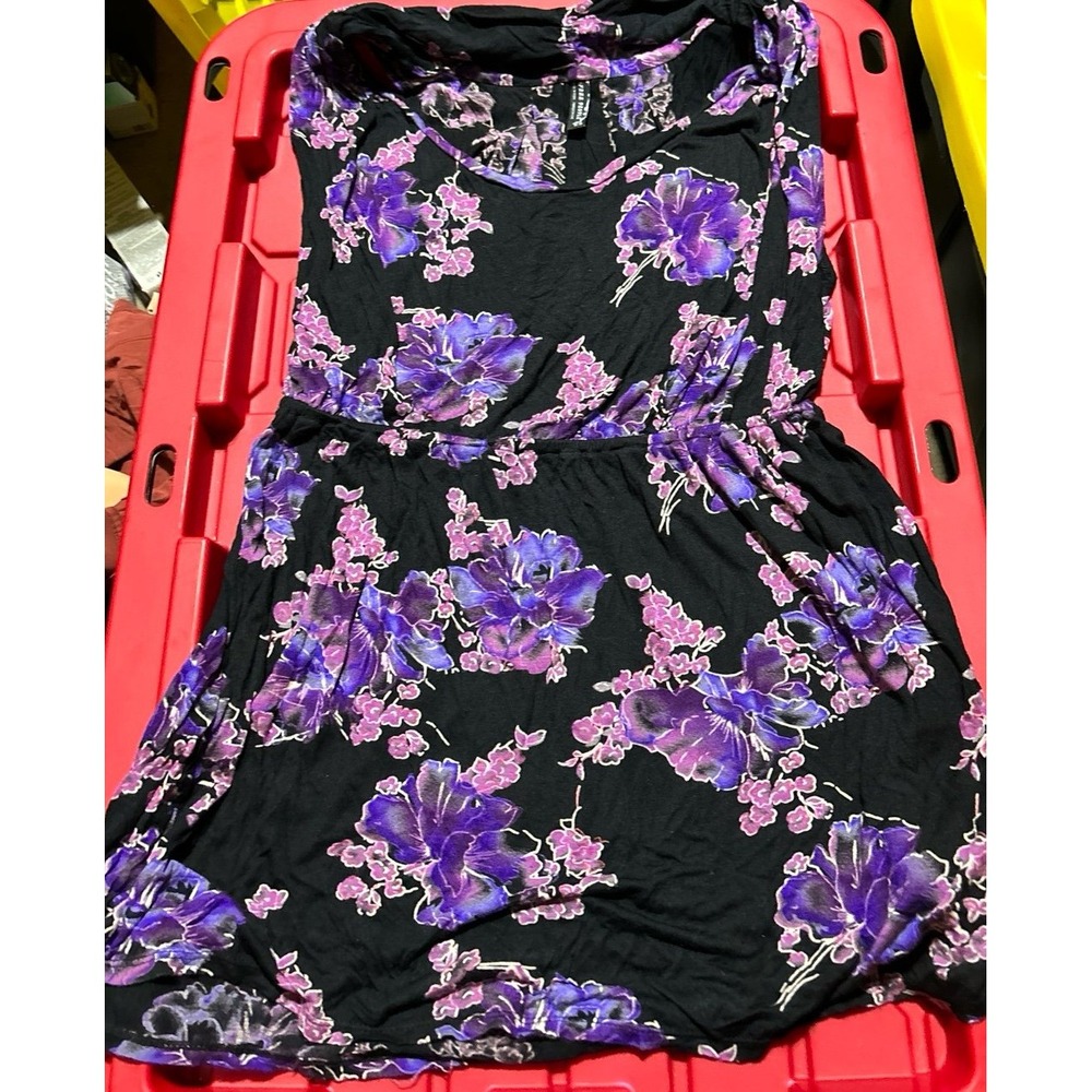 Free People Black & Purple Floral Scoop Neck Sleeveless Mini Dress Tunic Top,‎ M